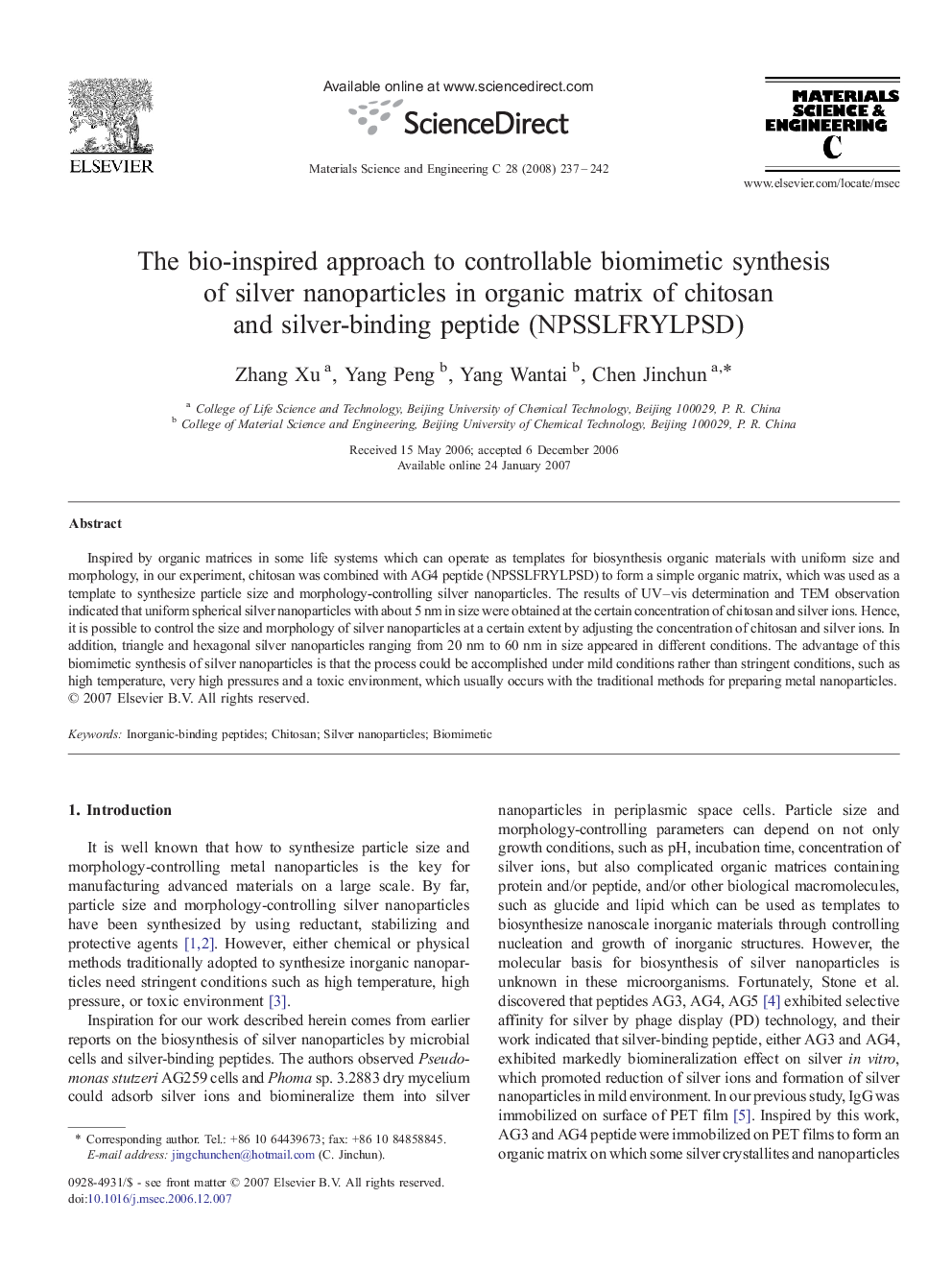 The bio-inspired approach to controllable biomimetic synthesis of silver nanoparticles in organic matrix of chitosan and silver-binding peptide (NPSSLFRYLPSD)