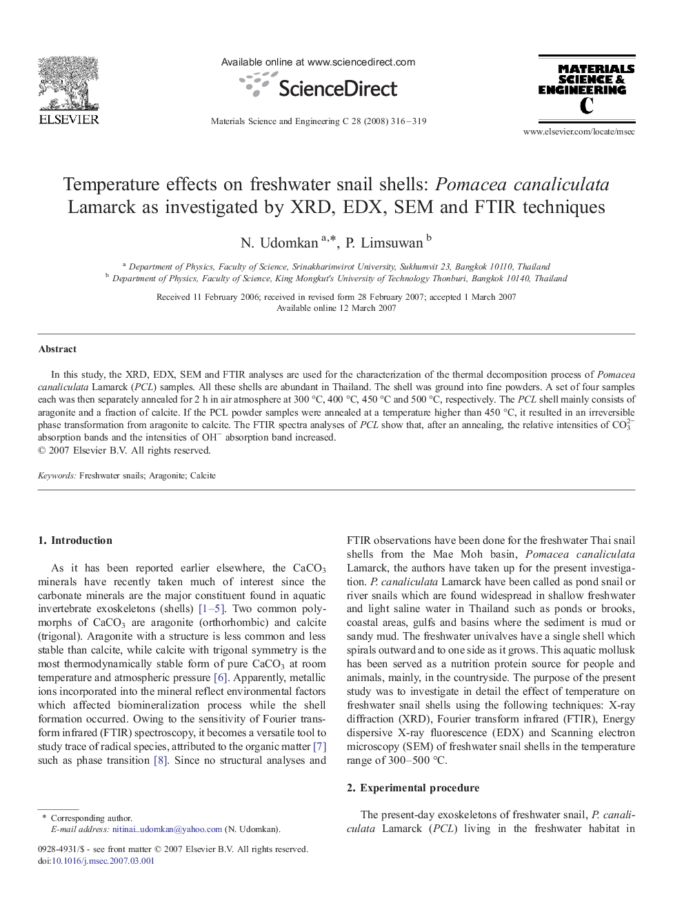 Temperature effects on freshwater snail shells: Pomacea canaliculata Lamarck as investigated by XRD, EDX, SEM and FTIR techniques