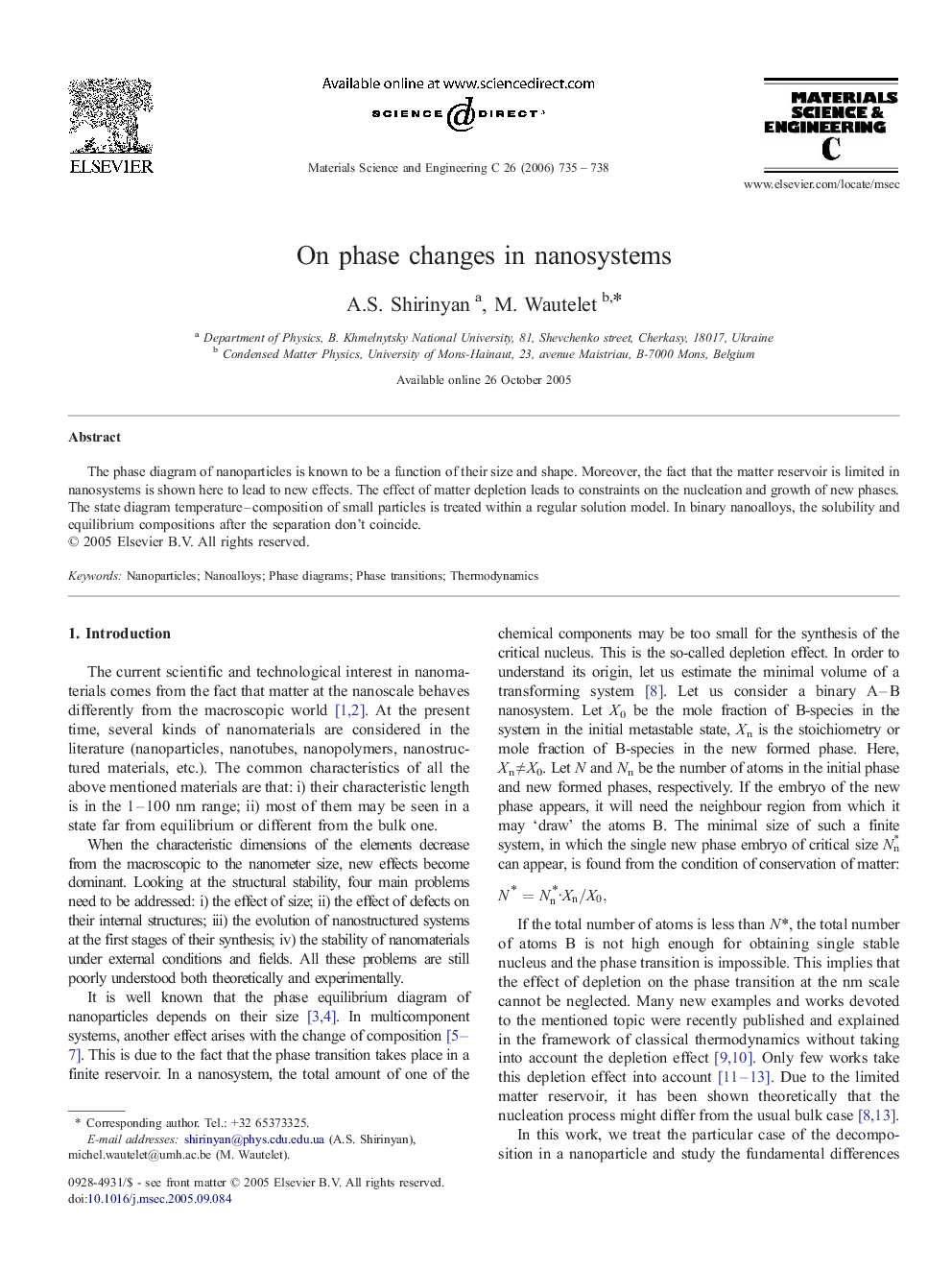 On phase changes in nanosystems