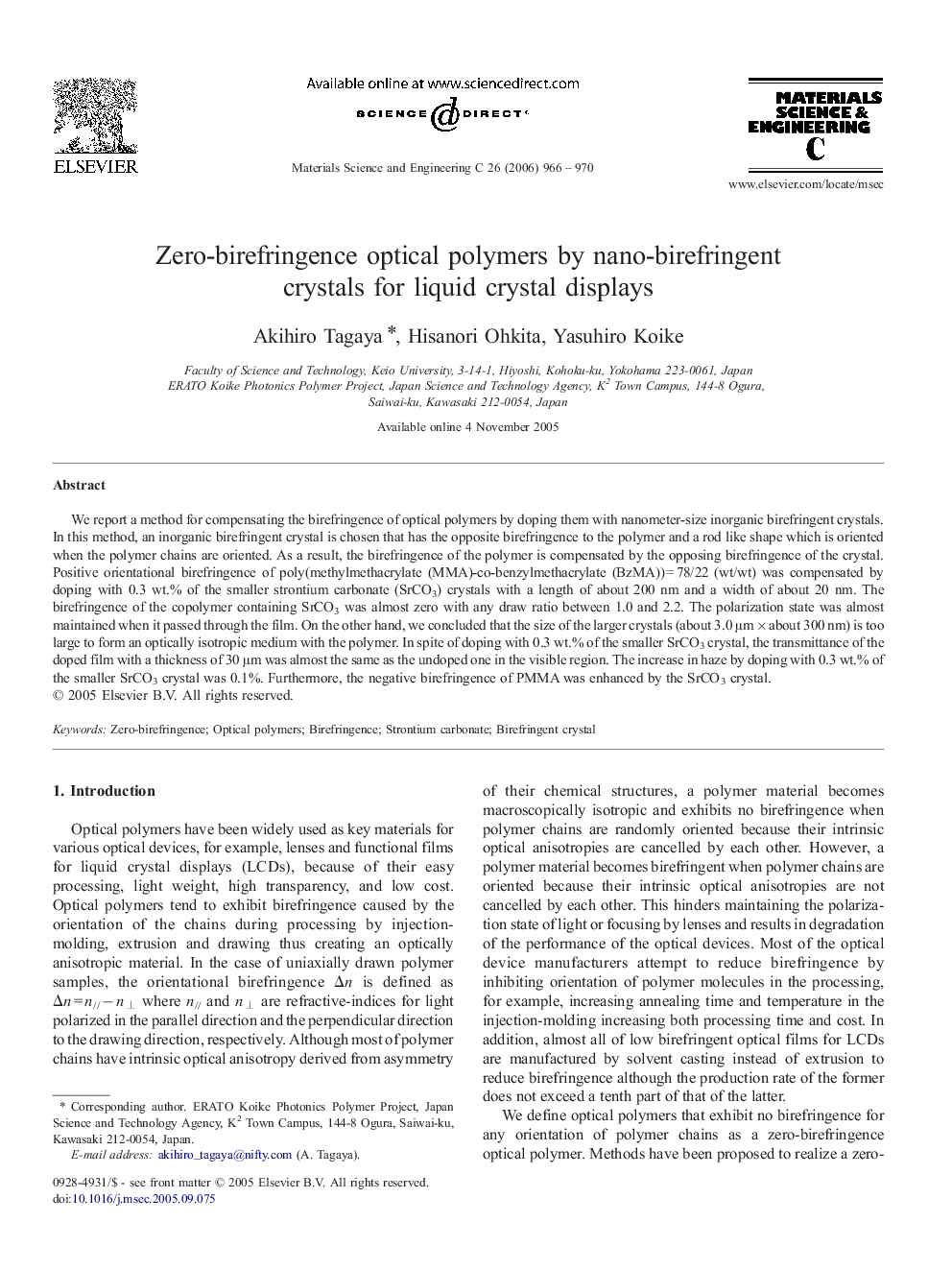 Zero-birefringence optical polymers by nano-birefringent crystals for liquid crystal displays