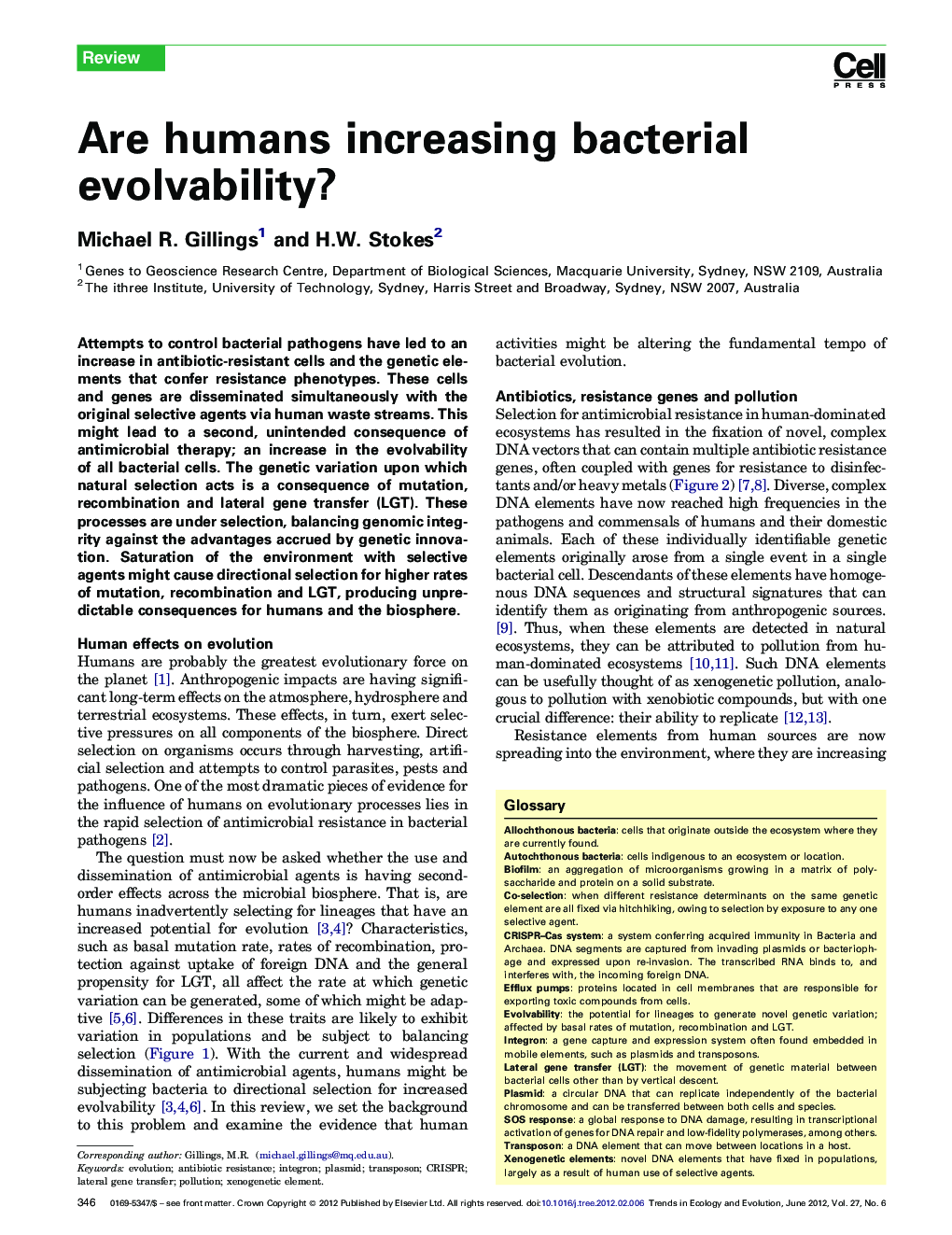 عکس صفحه اول مقاله: Are humans increasing bacterial evolvability? Are humans increasing bacterial evolvability?