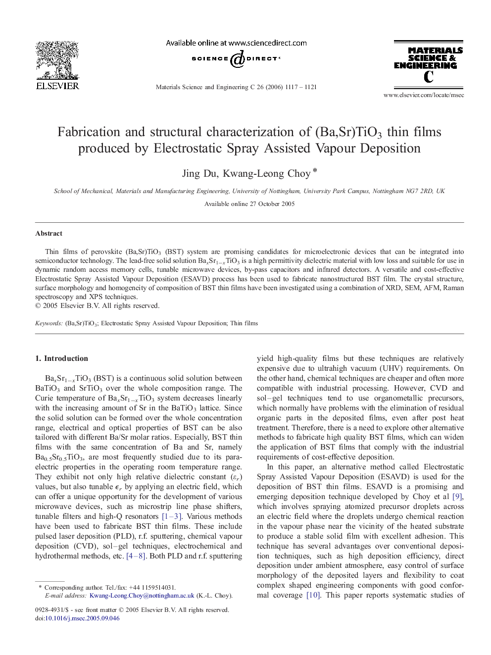 Fabrication and structural characterization of (Ba,Sr)TiO3 thin films produced by Electrostatic Spray Assisted Vapour Deposition