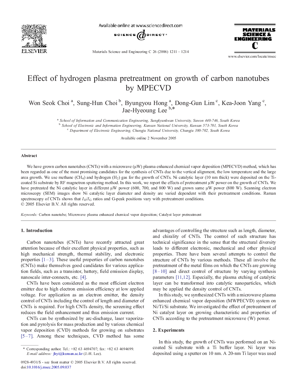 Effect of hydrogen plasma pretreatment on growth of carbon nanotubes by MPECVD