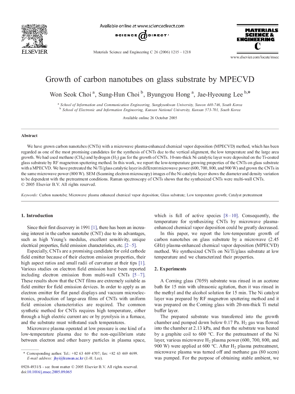 Growth of carbon nanotubes on glass substrate by MPECVD