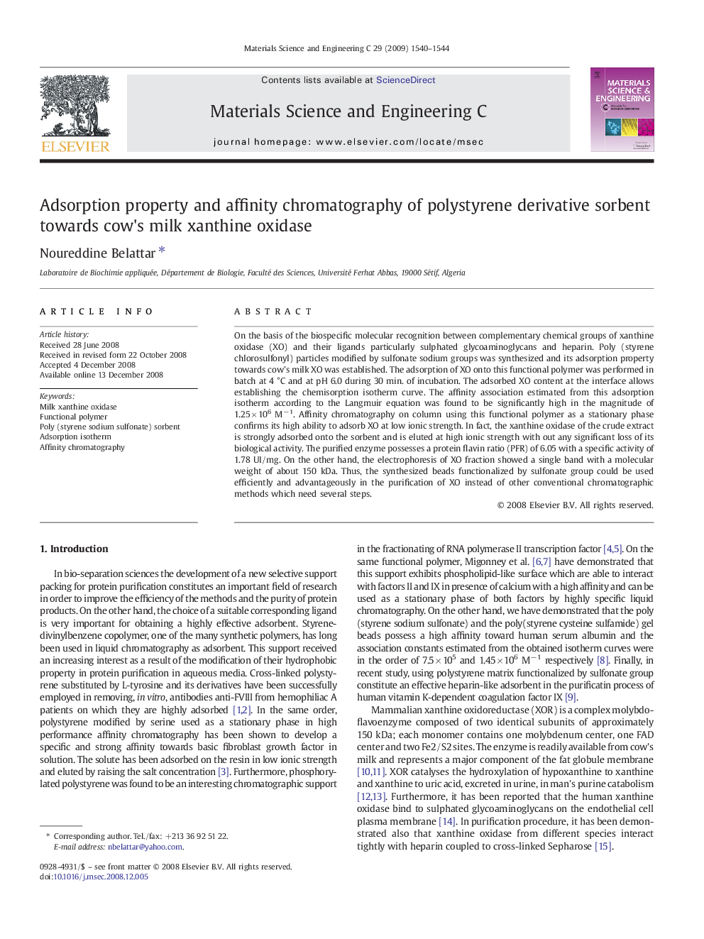 Adsorption property and affinity chromatography of polystyrene derivative sorbent towards cow's milk xanthine oxidase