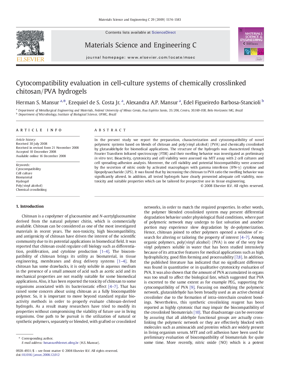 Cytocompatibility evaluation in cell-culture systems of chemically crosslinked chitosan/PVA hydrogels