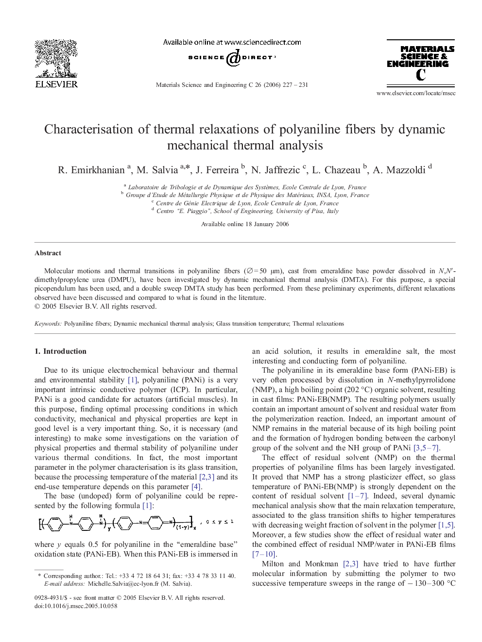 Characterisation of thermal relaxations of polyaniline fibers by dynamic mechanical thermal analysis