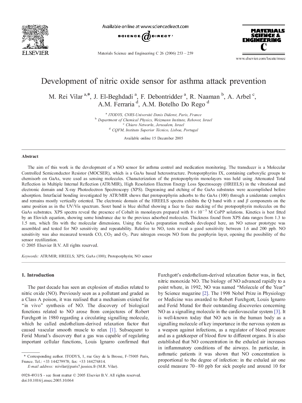 Development of nitric oxide sensor for asthma attack prevention