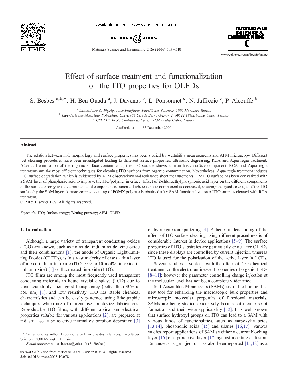 Effect of surface treatment and functionalization on the ITO properties for OLEDs