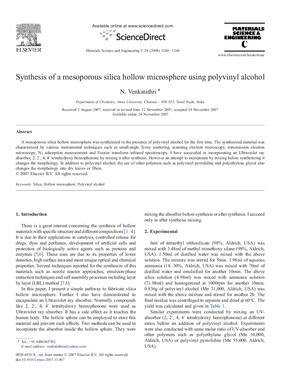 Synthesis of a mesoporous silica hollow microsphere using polyvinyl alcohol