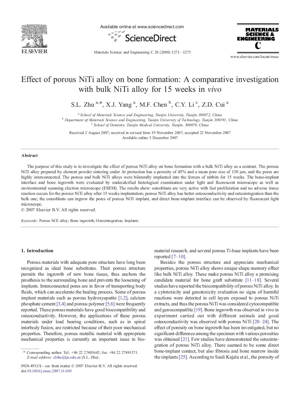 Effect of porous NiTi alloy on bone formation: A comparative investigation with bulk NiTi alloy for 15 weeks in vivo