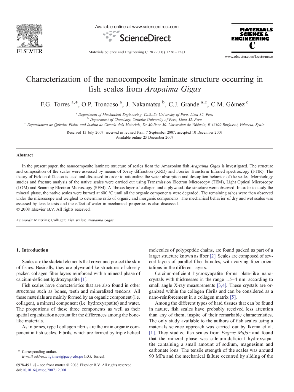 Characterization of the nanocomposite laminate structure occurring in fish scales from Arapaima Gigas