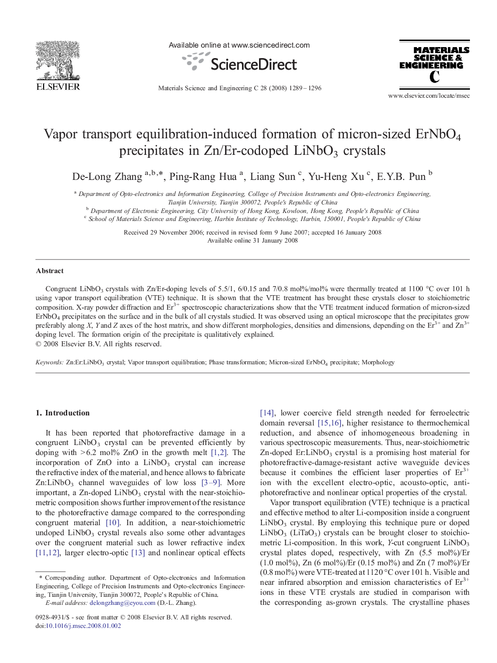 عکس صفحه اول مقاله: Vapor transport equilibration-induced formation of micron-sized ErNbO4 precipitates in Zn/Er-codoped LiNbO3 crystals Vapor transport equilibration-induced formation of micron-sized ErNbO4 precipitates in Zn/Er-codoped LiNbO3 crystals
