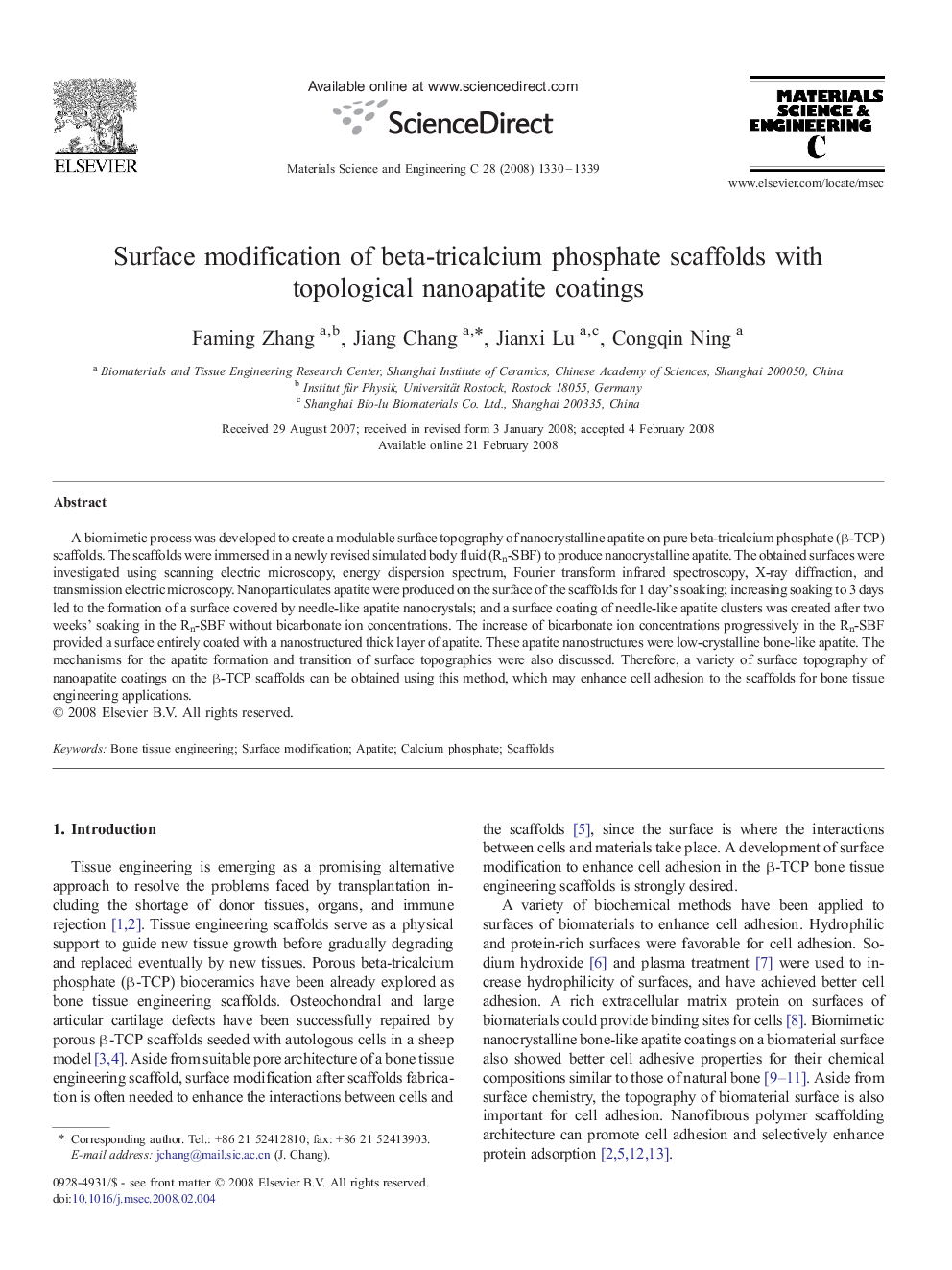 Surface modification of beta-tricalcium phosphate scaffolds with topological nanoapatite coatings