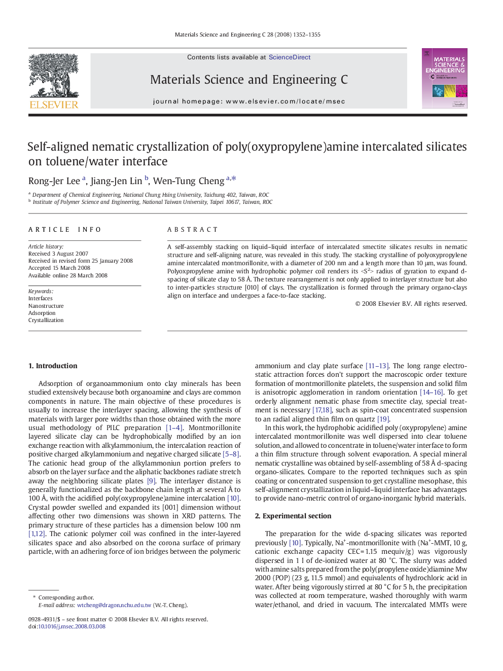 Self-aligned nematic crystallization of poly(oxypropylene)amine intercalated silicates on toluene/water interface