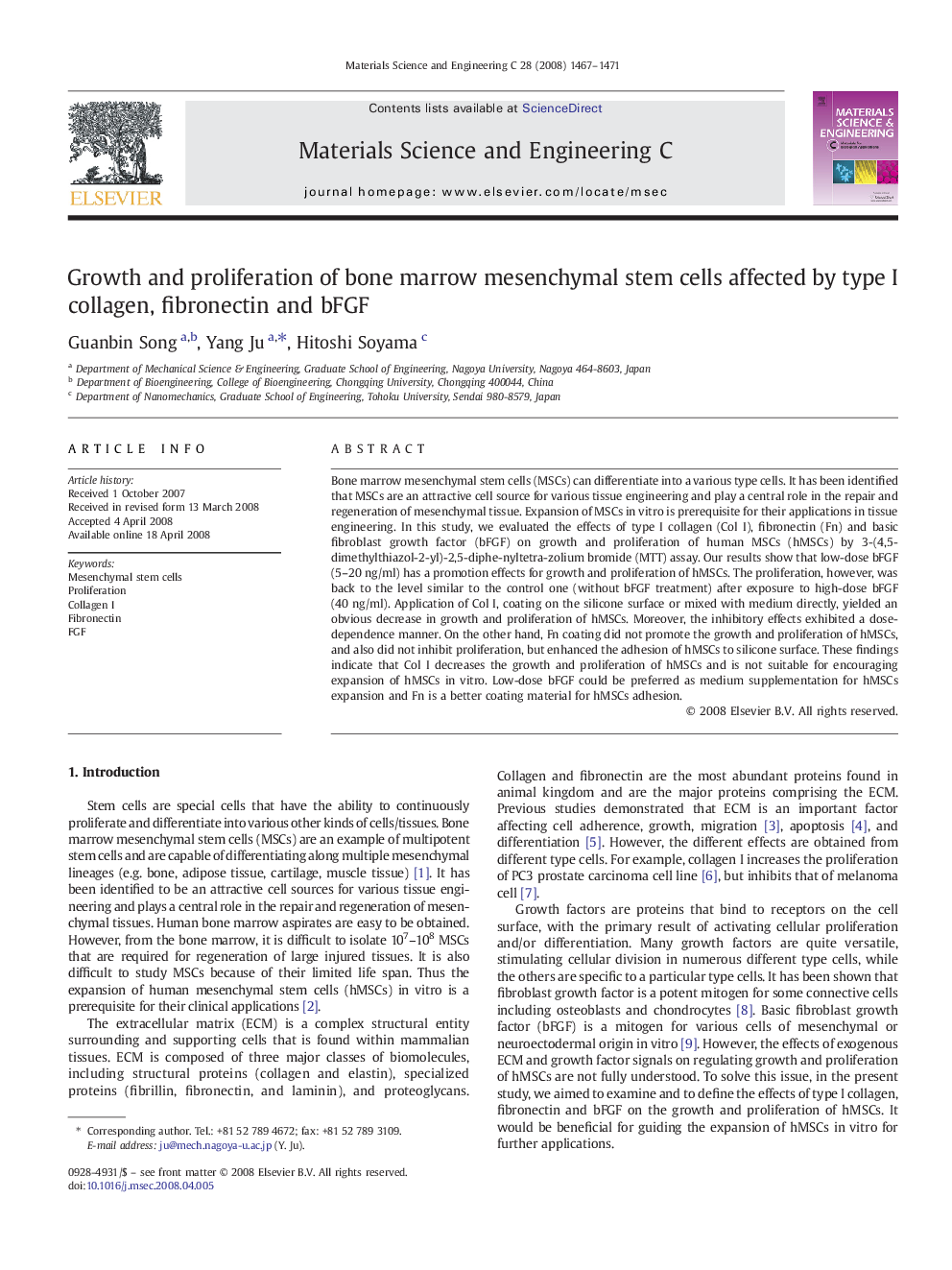 Growth and proliferation of bone marrow mesenchymal stem cells affected by type I collagen, fibronectin and bFGF