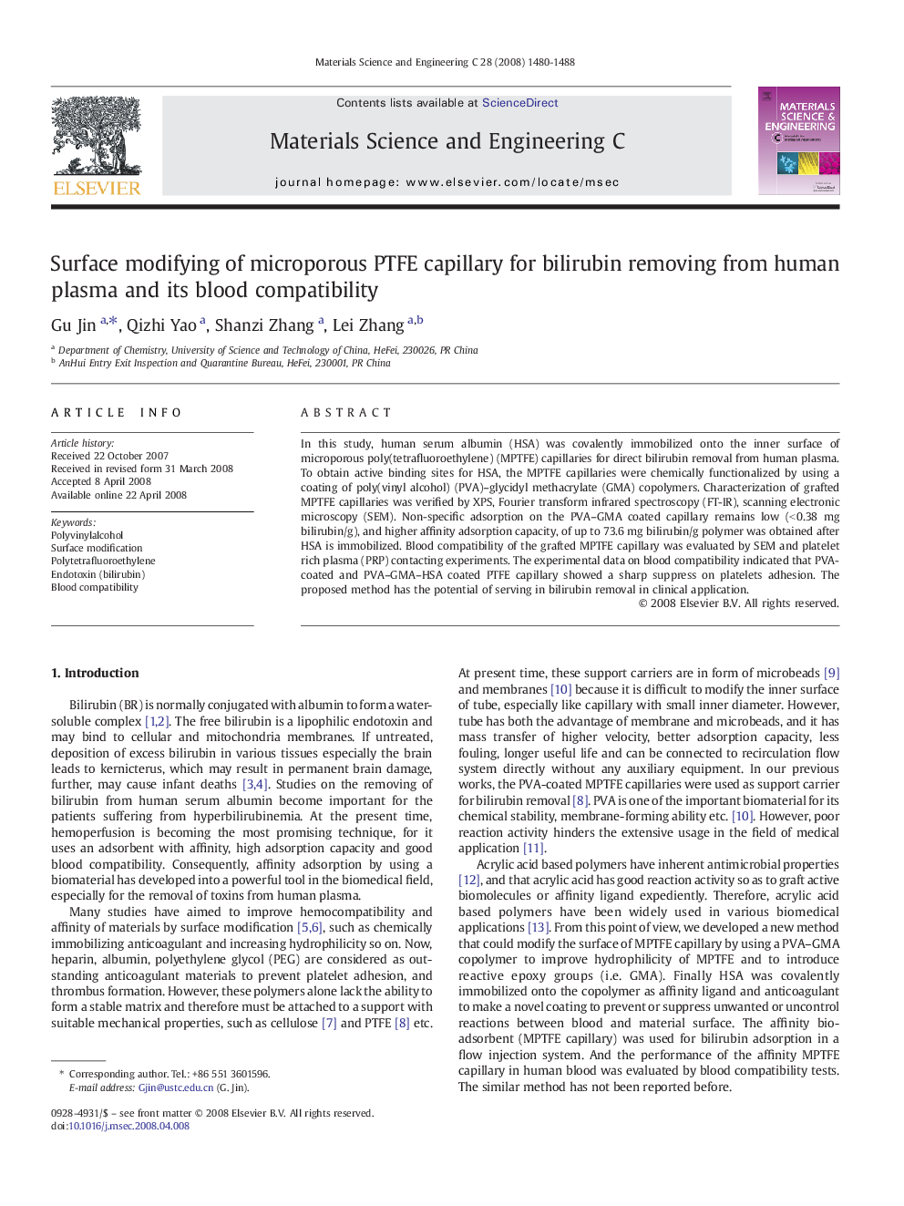 Surface modifying of microporous PTFE capillary for bilirubin removing from human plasma and its blood compatibility