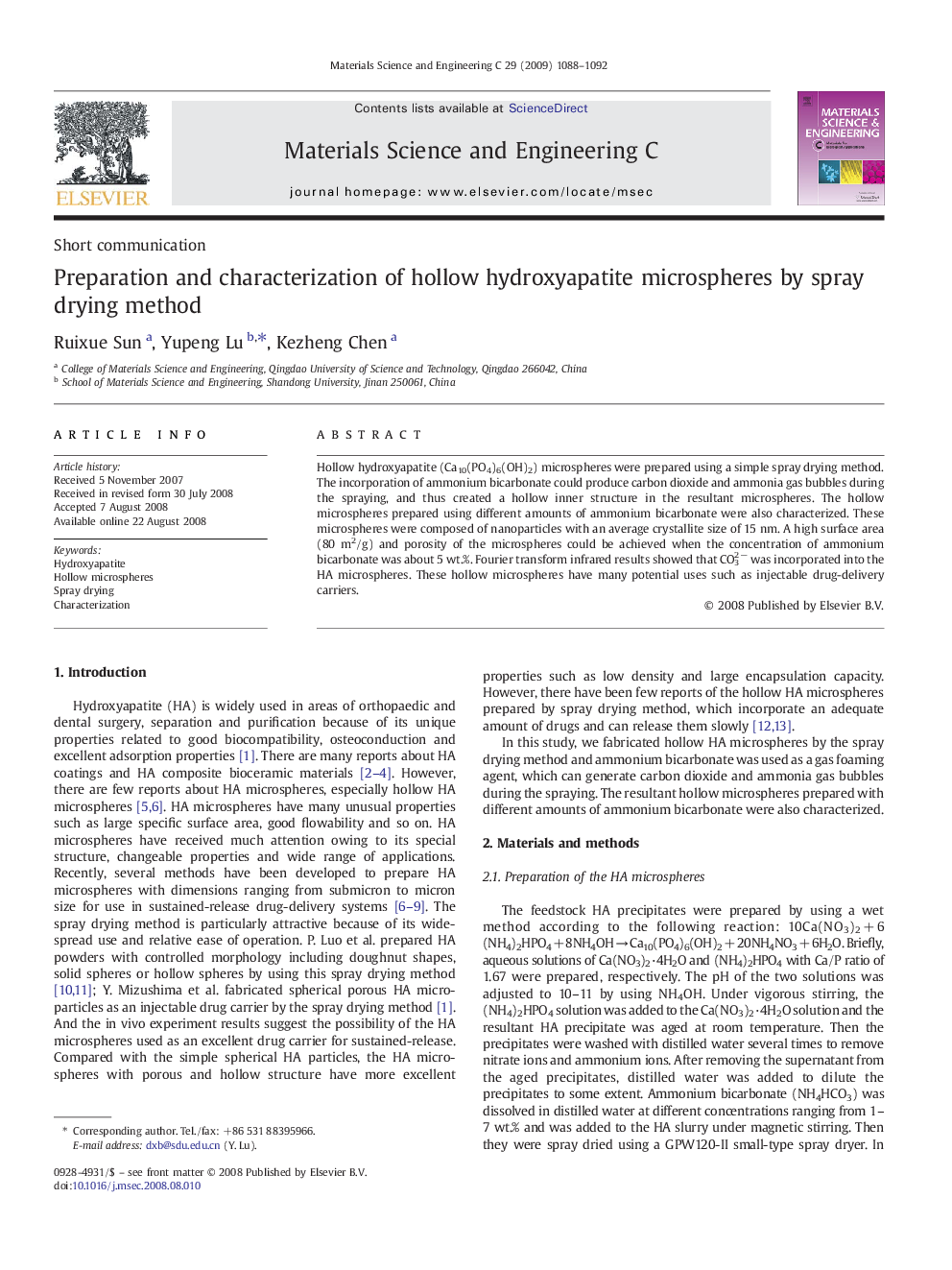 Preparation and characterization of hollow hydroxyapatite microspheres by spray drying method