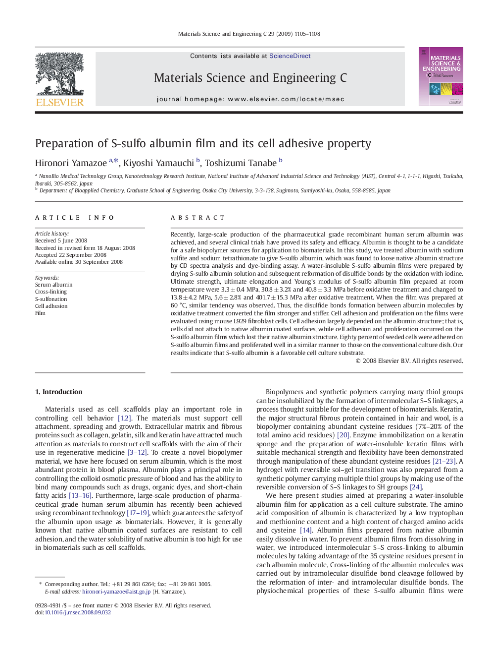 Preparation of S-sulfo albumin film and its cell adhesive property