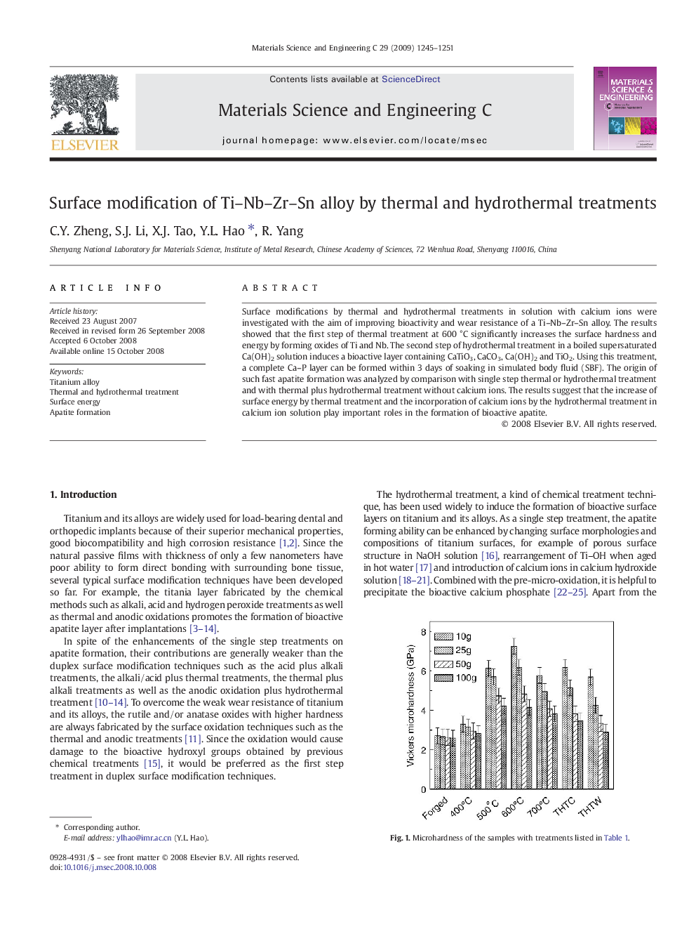 Surface modification of Ti–Nb–Zr–Sn alloy by thermal and hydrothermal treatments