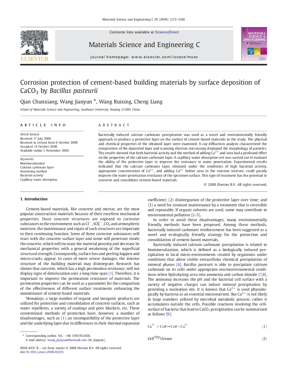 Corrosion protection of cement-based building materials by surface deposition of CaCO3 by Bacillus pasteurii