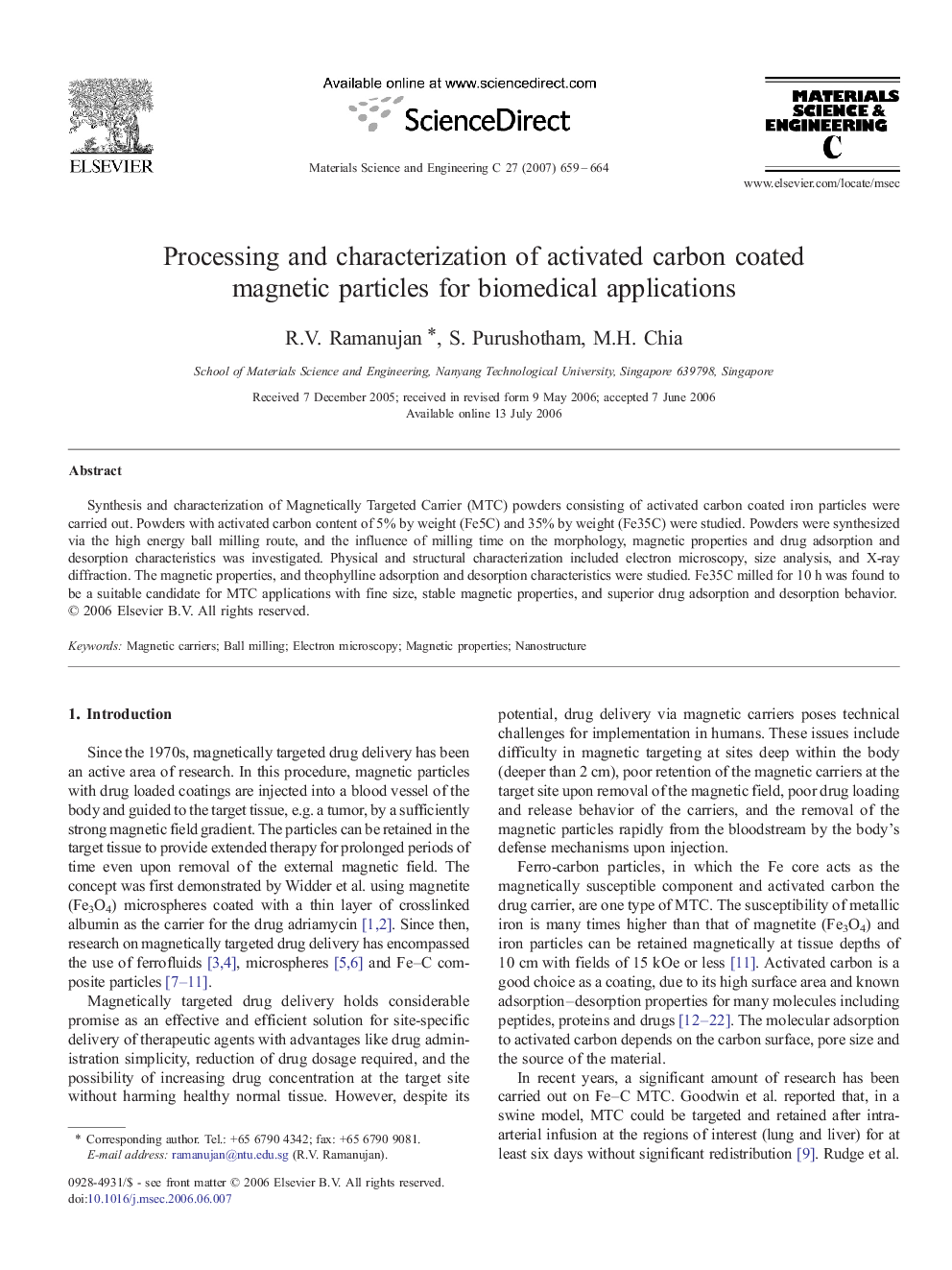 Processing and characterization of activated carbon coated magnetic particles for biomedical applications