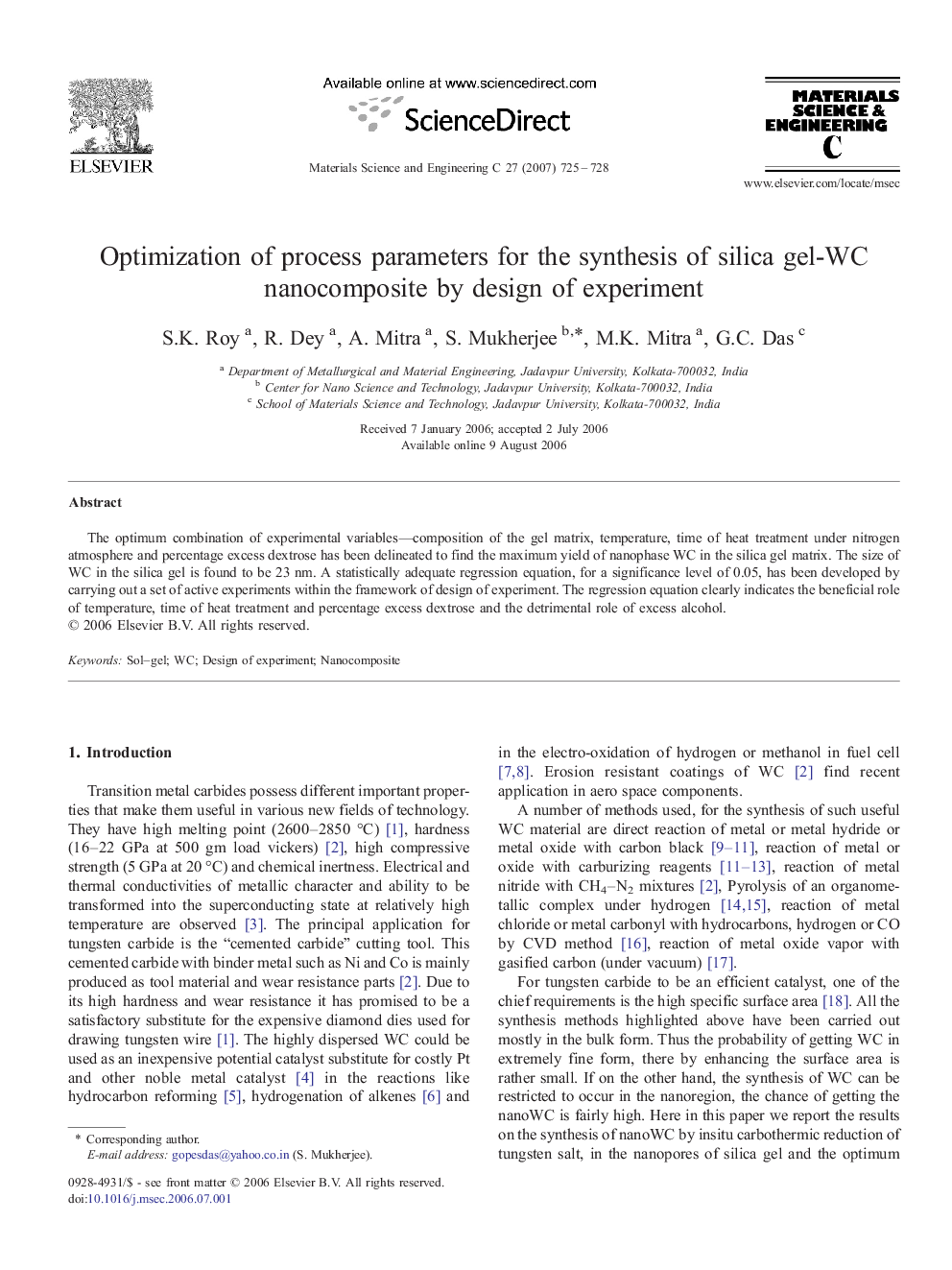 Optimization of process parameters for the synthesis of silica gel-WC nanocomposite by design of experiment