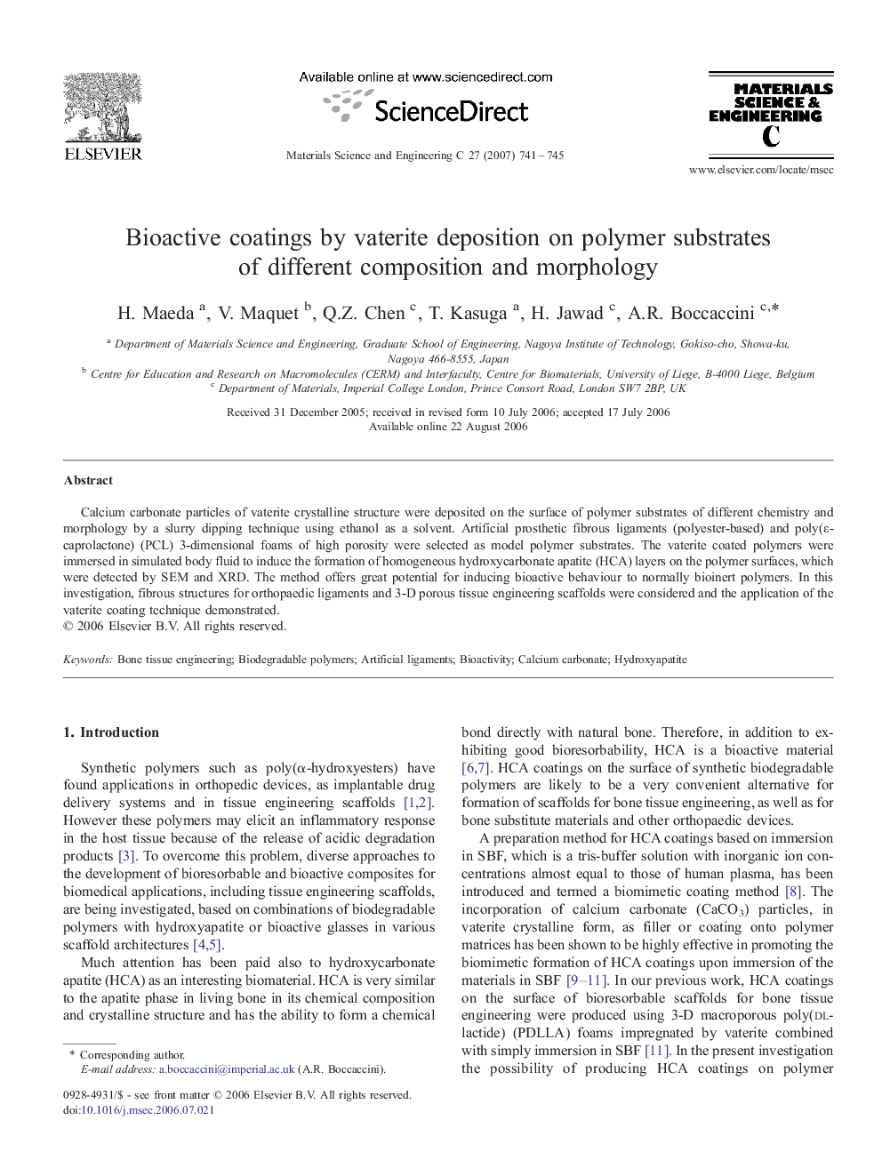 Bioactive coatings by vaterite deposition on polymer substrates of different composition and morphology