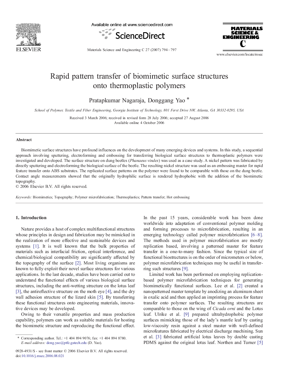 Rapid pattern transfer of biomimetic surface structures onto thermoplastic polymers