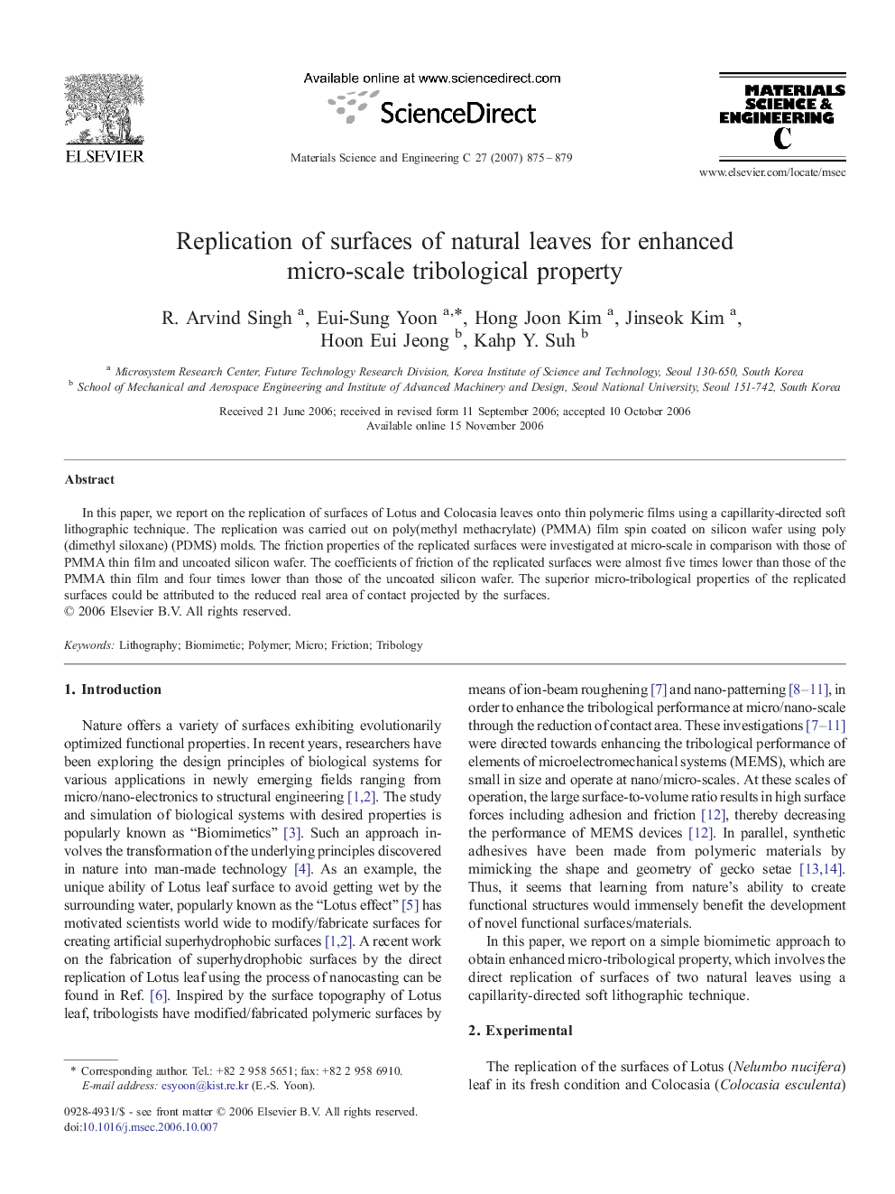 Replication of surfaces of natural leaves for enhanced micro-scale tribological property