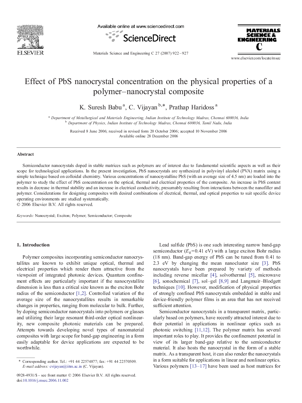 Effect of PbS nanocrystal concentration on the physical properties of a polymer–nanocrystal composite