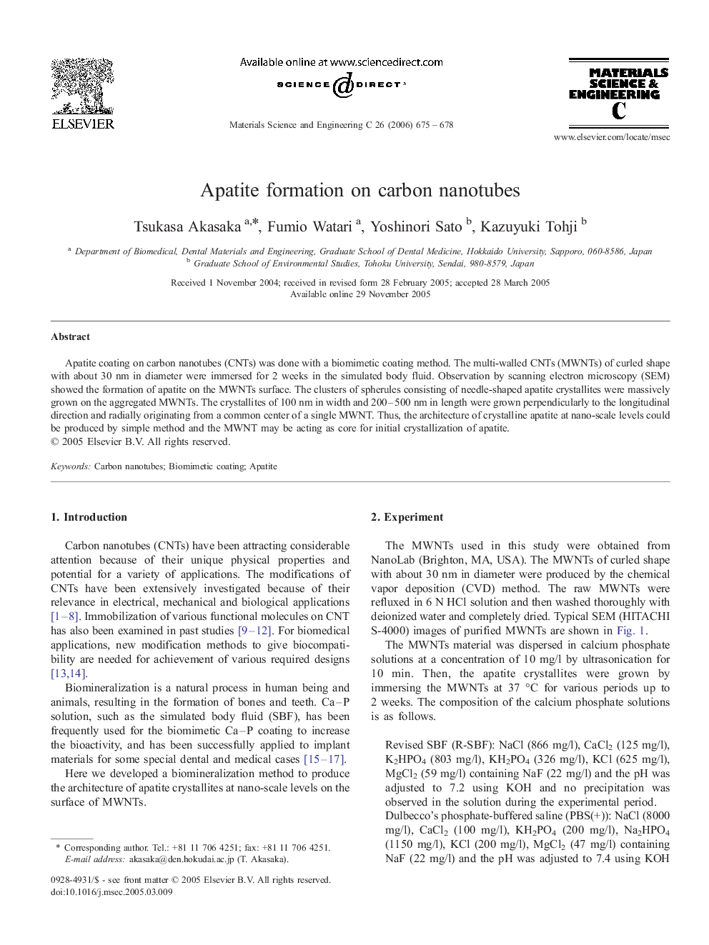 Apatite formation on carbon nanotubes