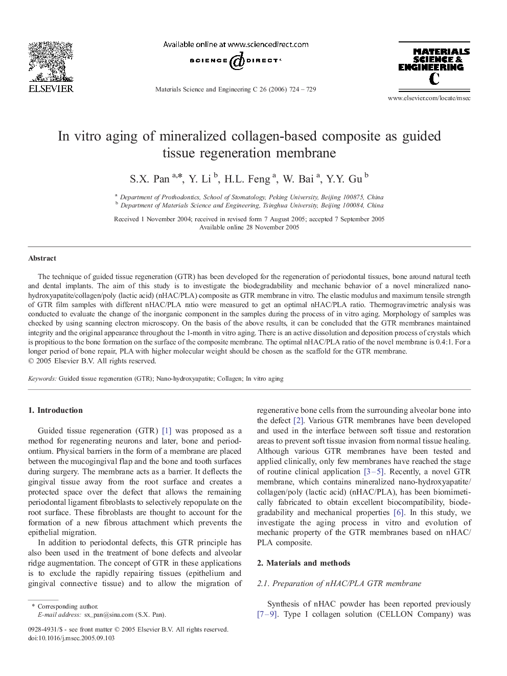 In vitro aging of mineralized collagen-based composite as guided tissue regeneration membrane