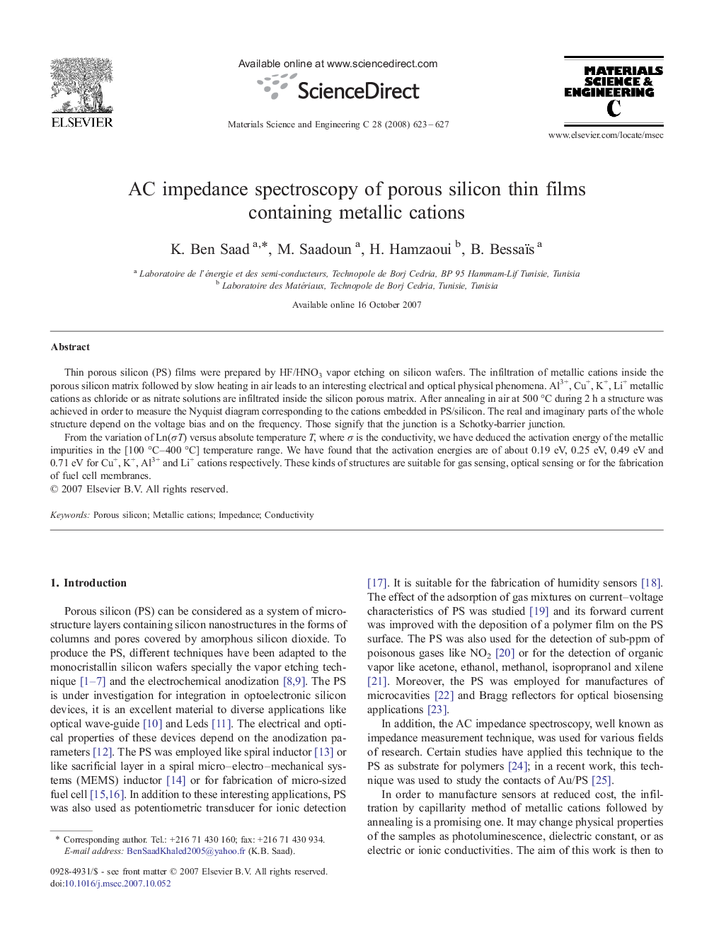 AC impedance spectroscopy of porous silicon thin films containing metallic cations