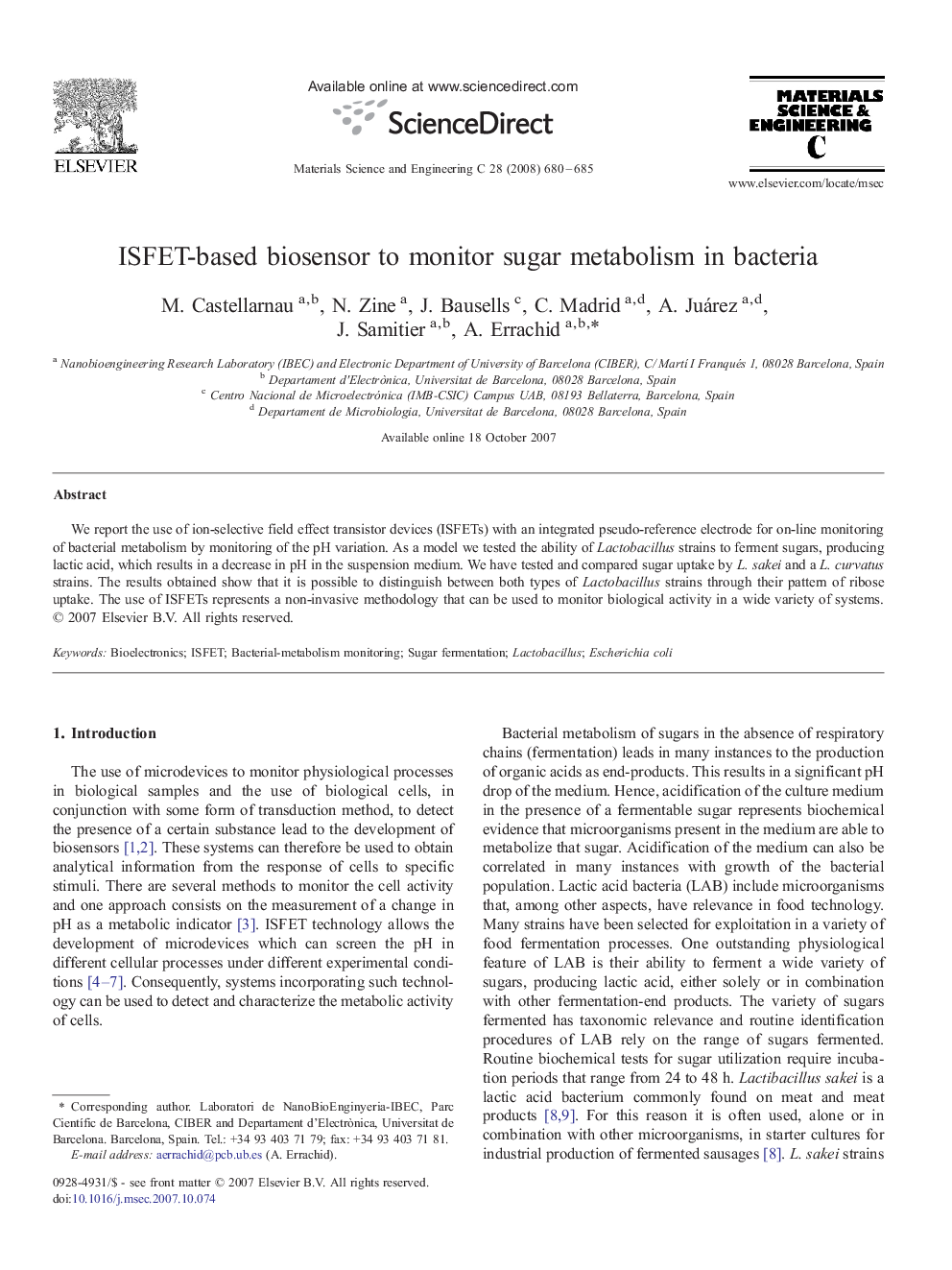 ISFET-based biosensor to monitor sugar metabolism in bacteria