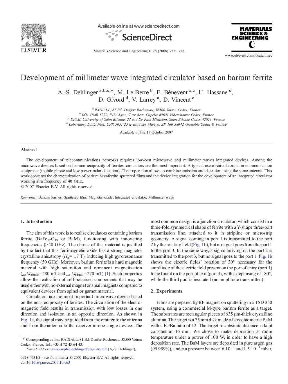 Development of millimeter wave integrated circulator based on barium ferrite