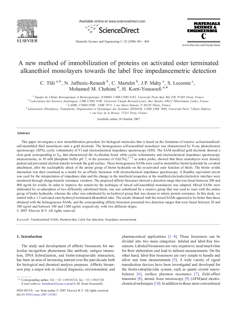 A new method of immobilization of proteins on activated ester terminated alkanethiol monolayers towards the label free impedancemetric detection