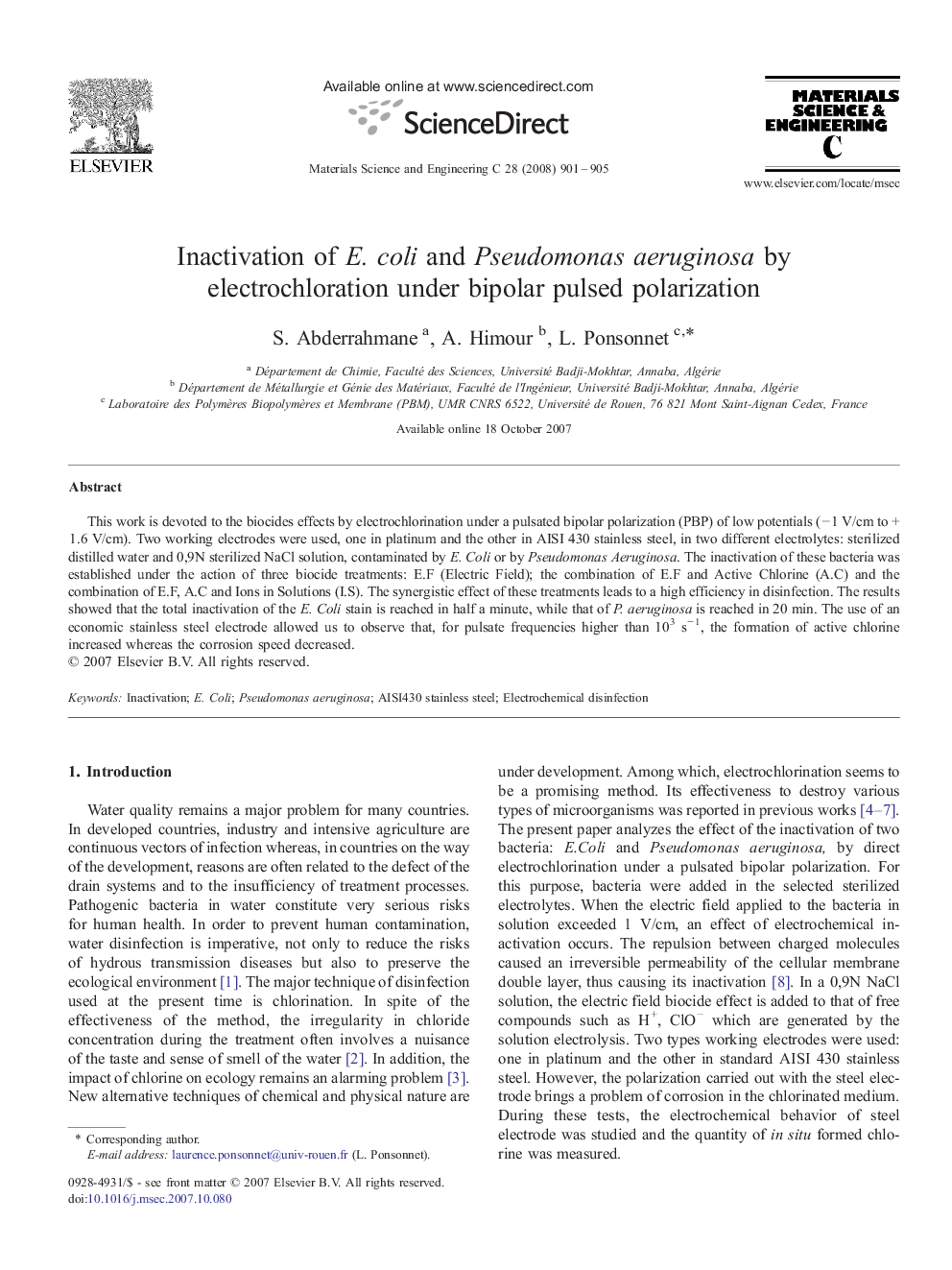 Inactivation of E. coli and Pseudomonas aeruginosa by electrochloration under bipolar pulsed polarization