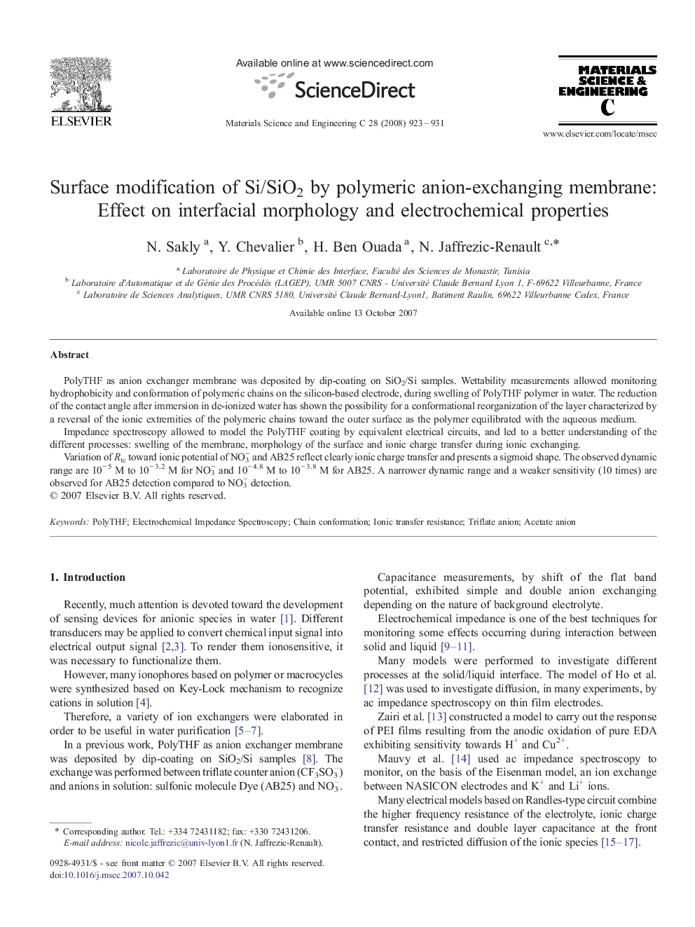 Surface modification of Si/SiO2 by polymeric anion-exchanging membrane: Effect on interfacial morphology and electrochemical properties