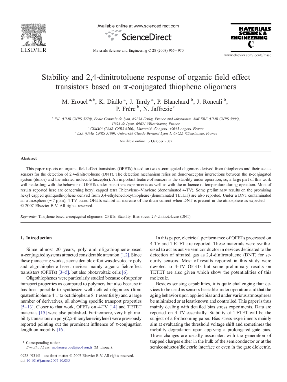 Stability and 2,4-dinitrotoluene response of organic field effect transistors based on π-conjugated thiophene oligomers