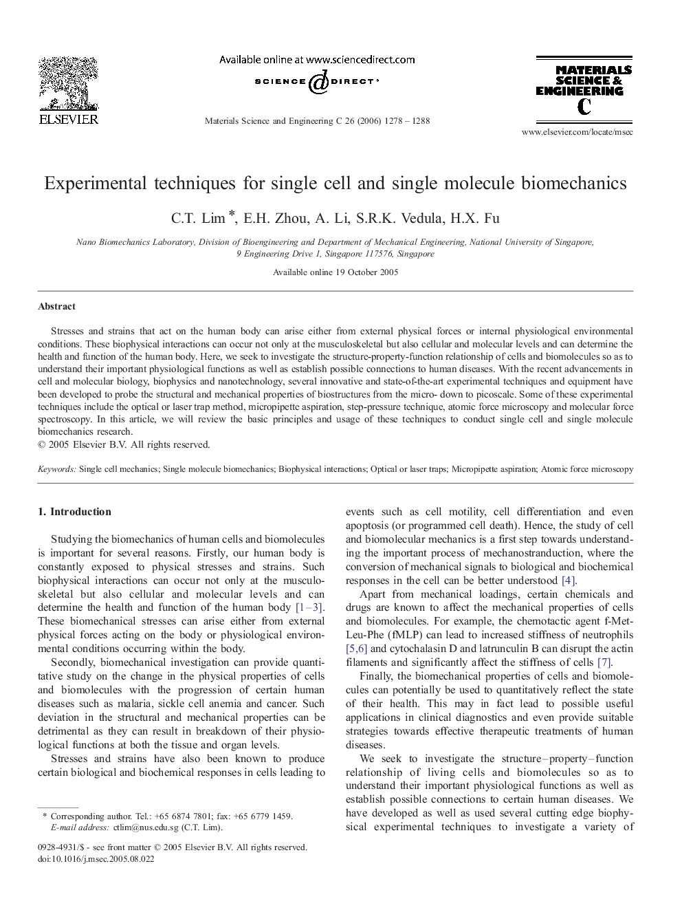 Experimental techniques for single cell and single molecule biomechanics