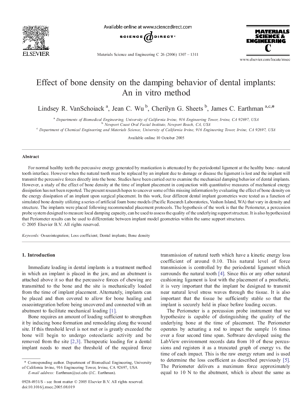 Effect of bone density on the damping behavior of dental implants: An in vitro method