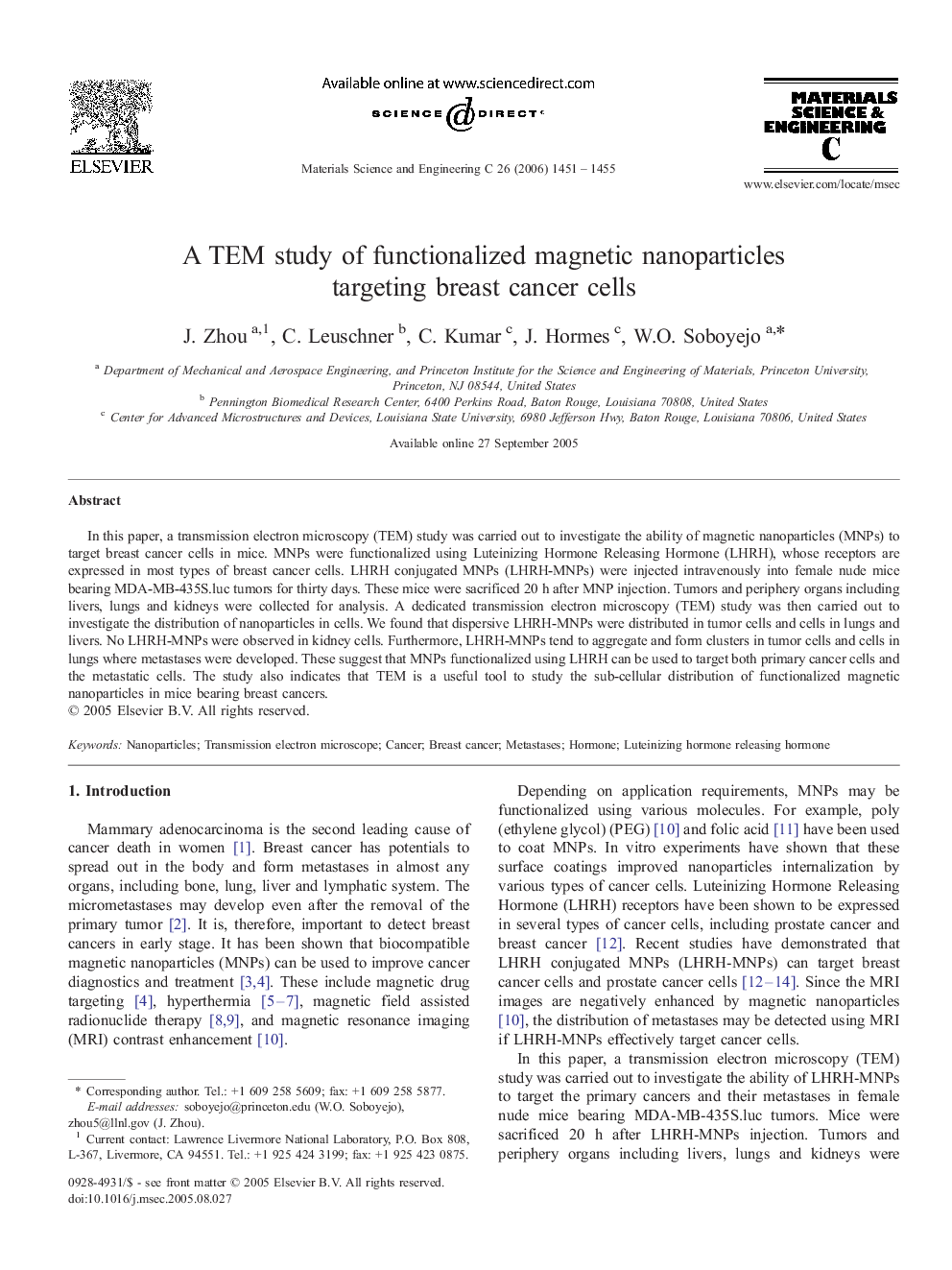 A TEM study of functionalized magnetic nanoparticles targeting breast cancer cells