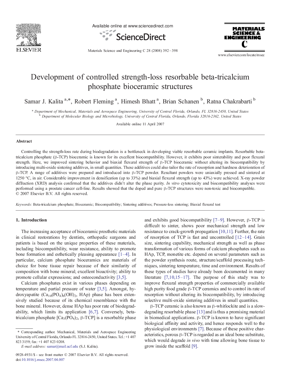 عکس صفحه اول مقاله: Development of controlled strength-loss resorbable beta-tricalcium phosphate bioceramic structures Development of controlled strength-loss resorbable beta-tricalcium phosphate bioceramic structures