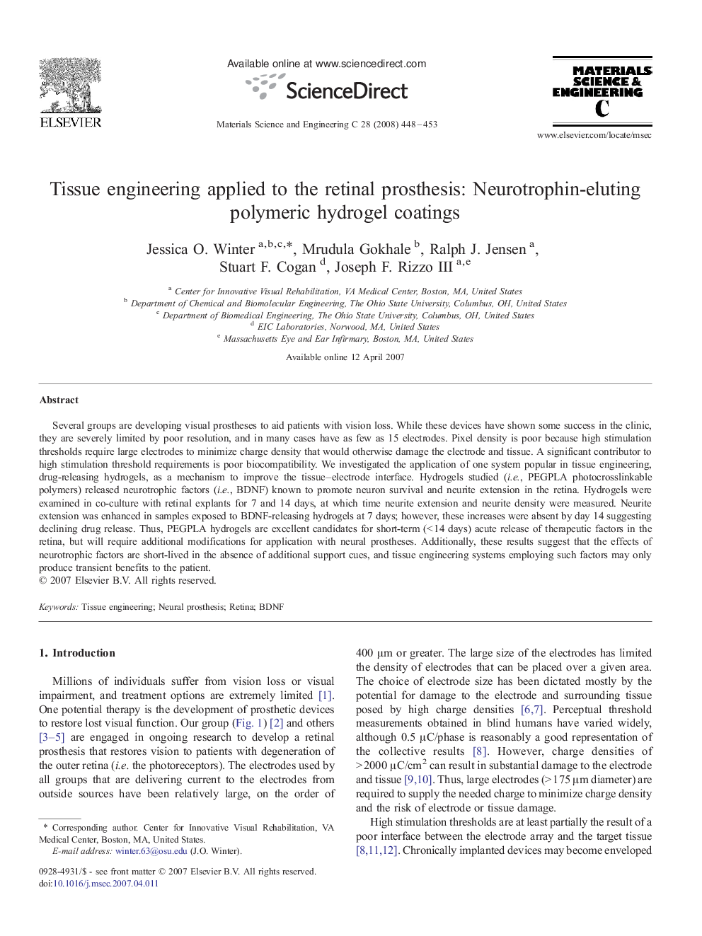 Tissue engineering applied to the retinal prosthesis: Neurotrophin-eluting polymeric hydrogel coatings