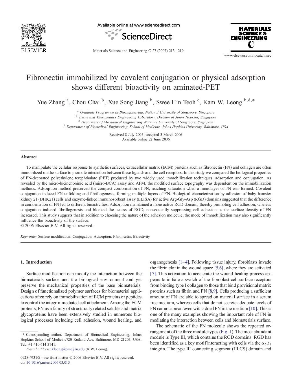 Fibronectin immobilized by covalent conjugation or physical adsorption shows different bioactivity on aminated-PET