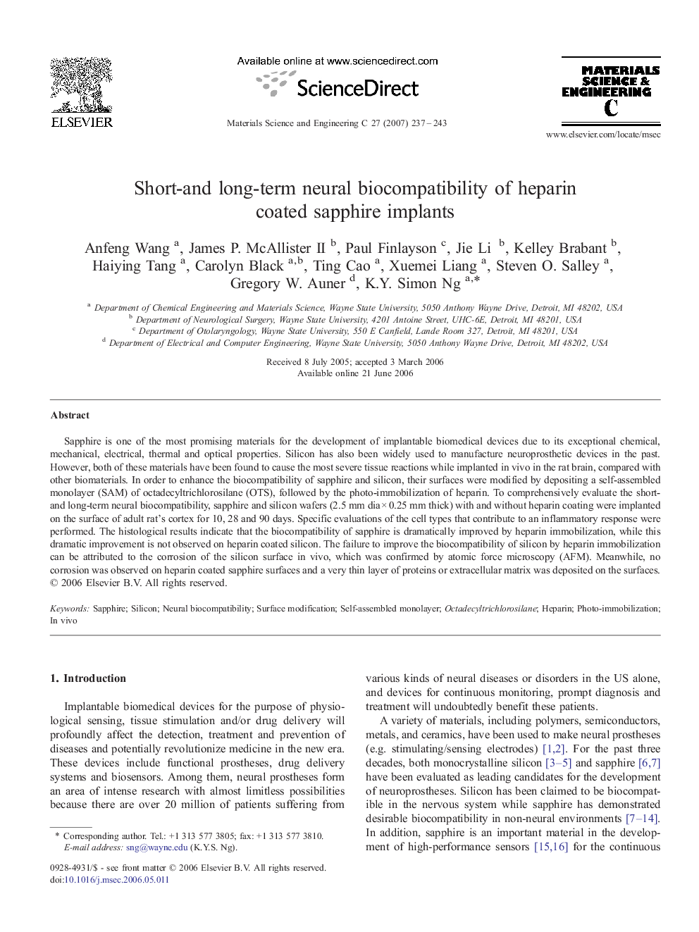 Short-and long-term neural biocompatibility of heparin coated sapphire implants