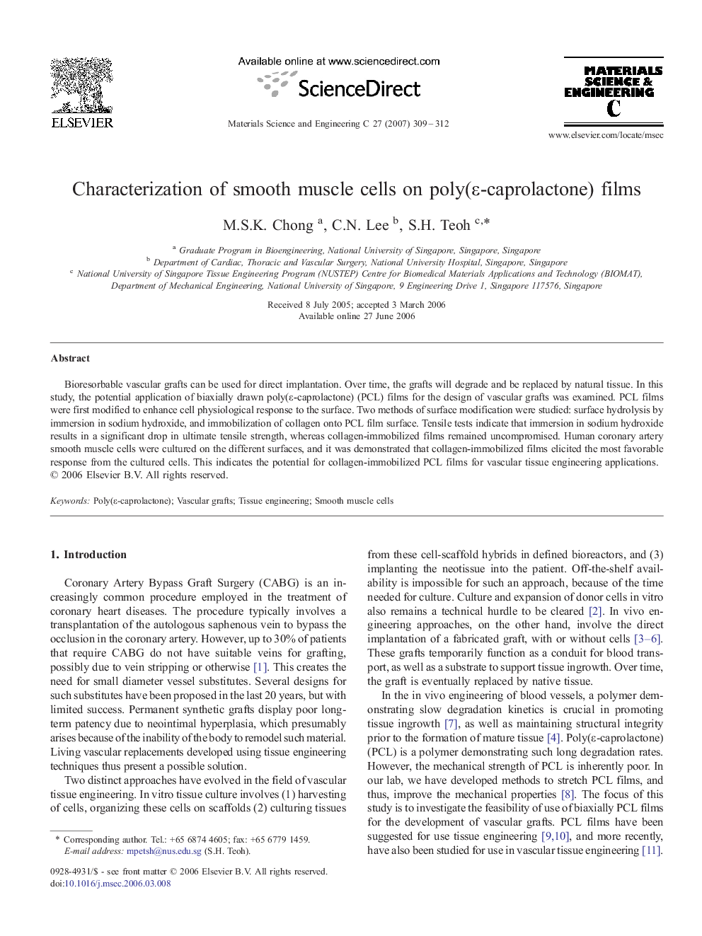 Characterization of smooth muscle cells on poly(ε-caprolactone) films