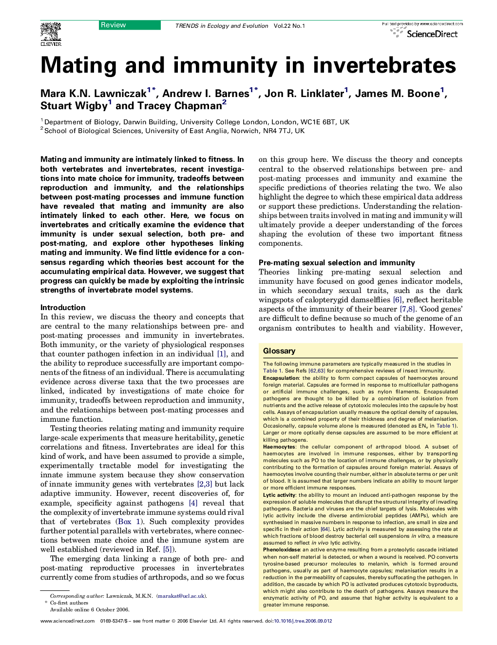 Mating and immunity in invertebrates