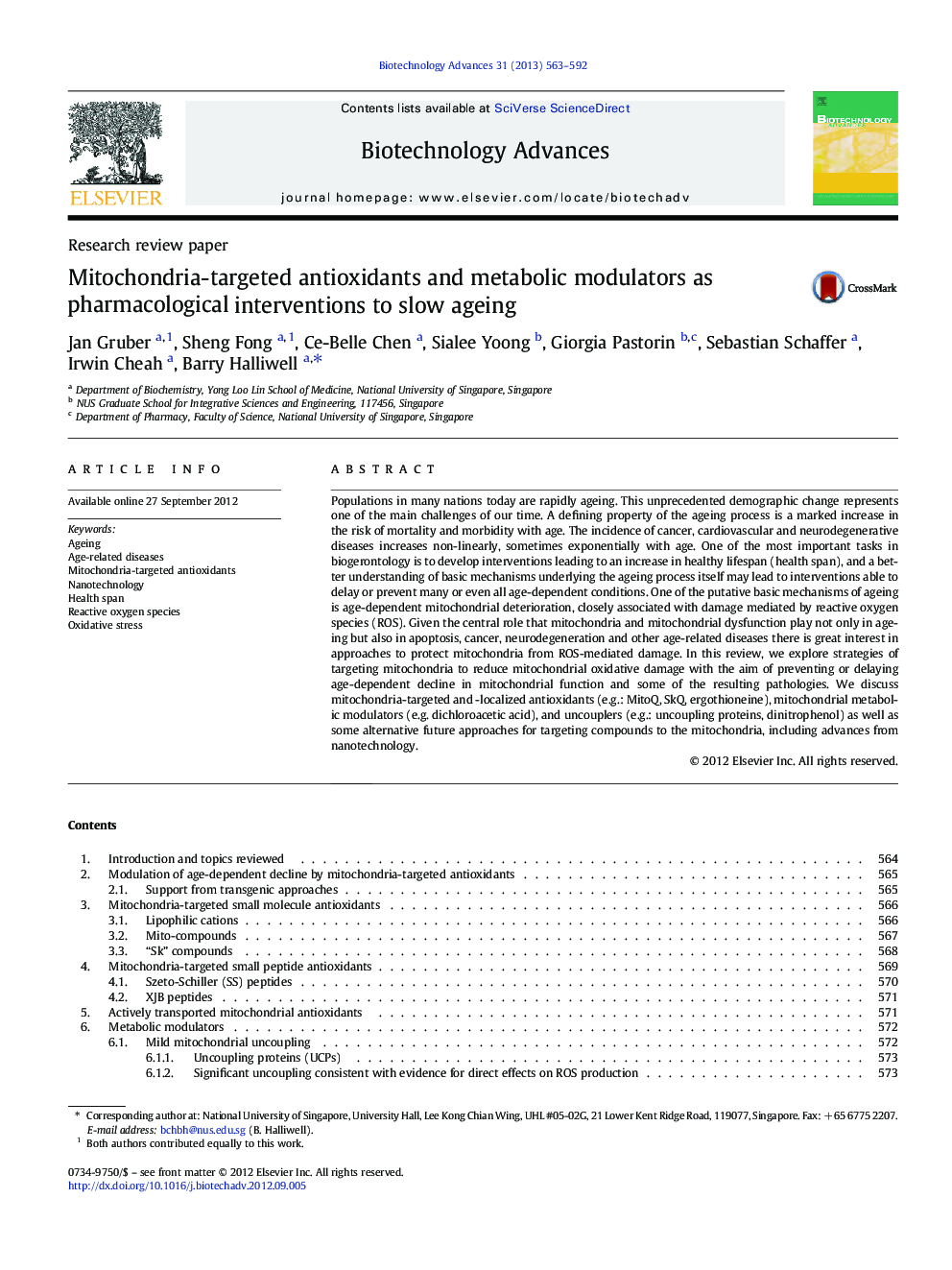 Mitochondria-targeted antioxidants and metabolic modulators as pharmacological interventions to slow ageing